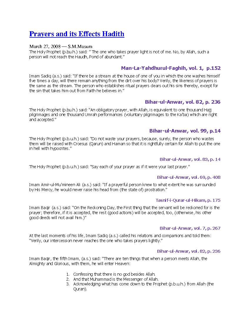 Ahadith About Prayers and its Effects