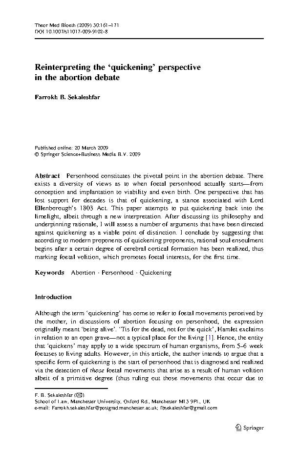 Reinterpreting the ‘Quickening’ Perspective in the Abortion Debate