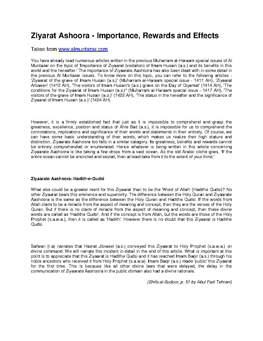 Ziyarat Ashoura Importance Rewards And Effects