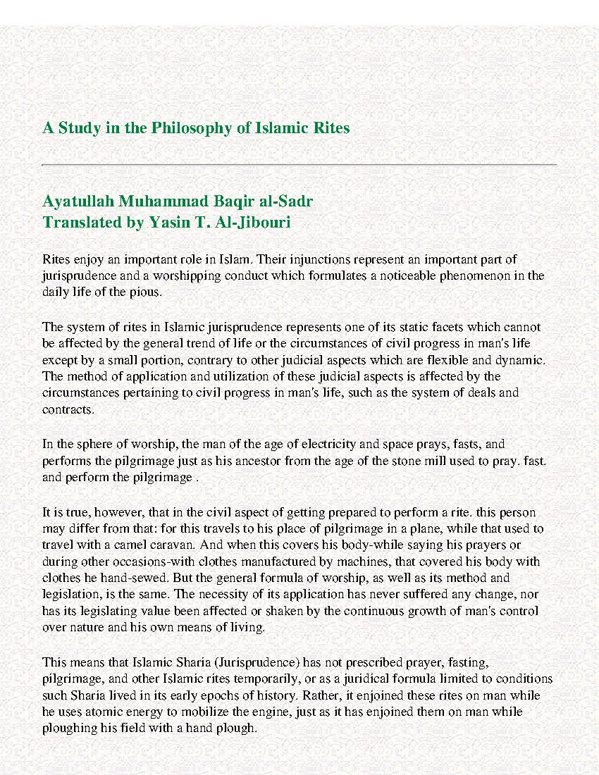A Study in the Philosophy of Islamic Rites
