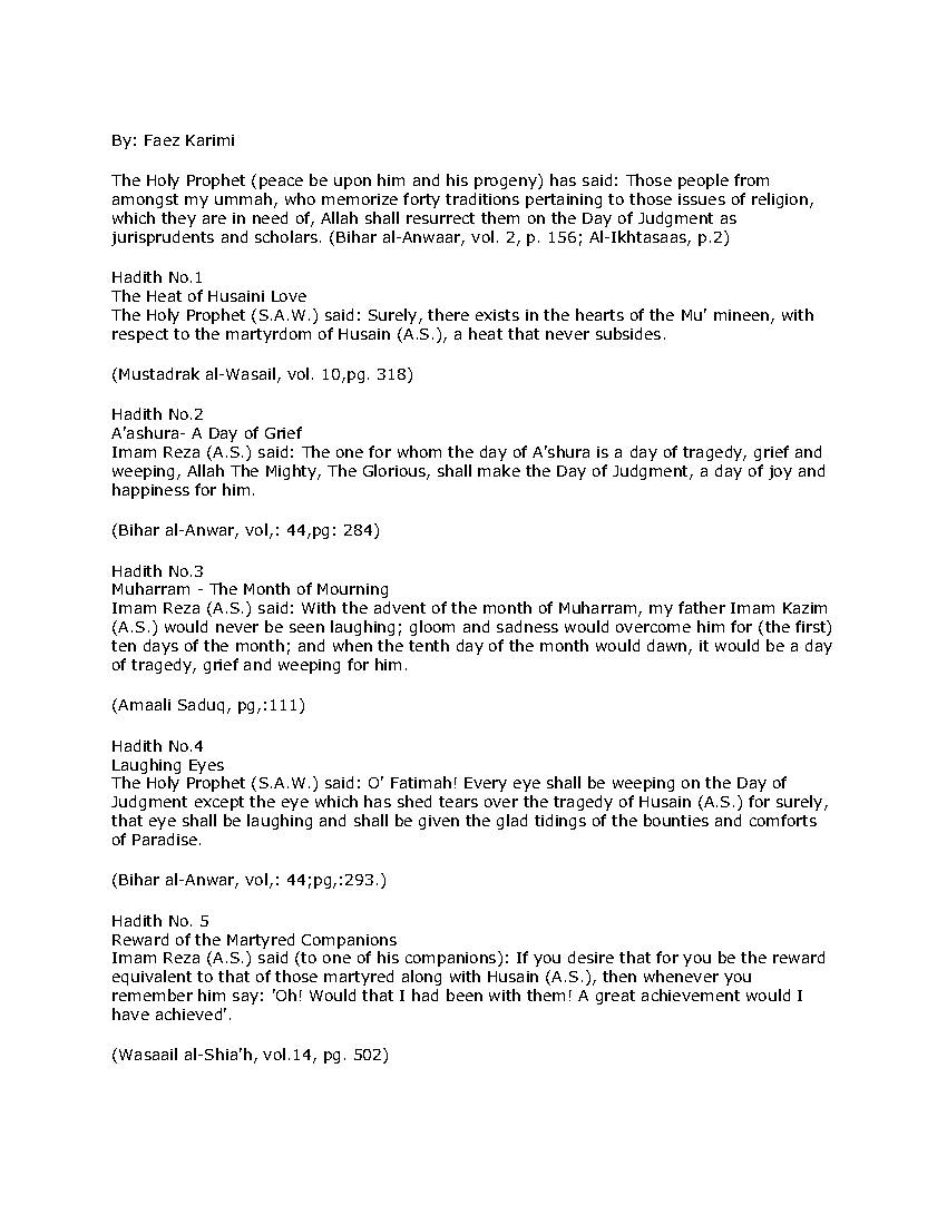 Forty Hadith for Imam Hussain Martyrdom