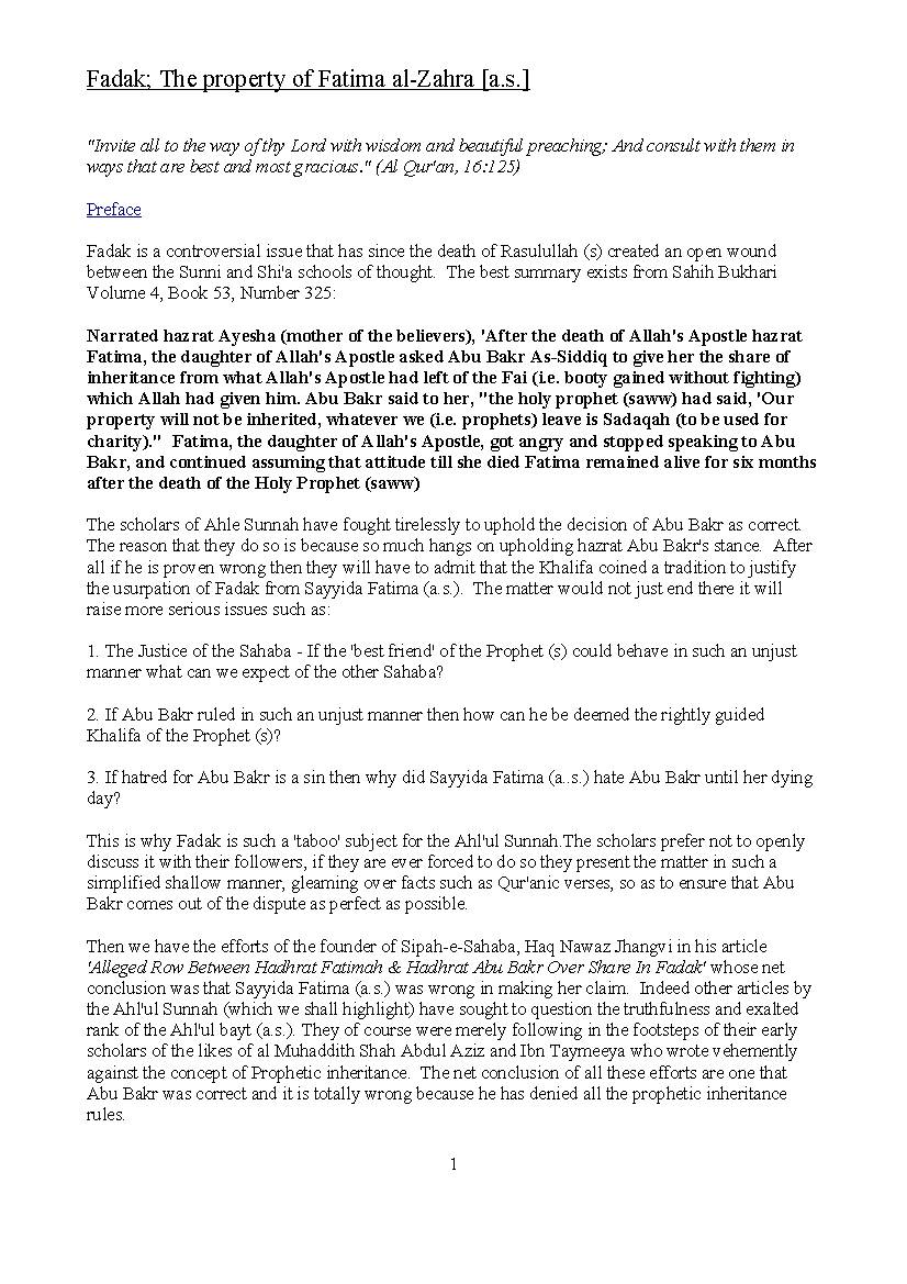Fadak The Property of Fatima al Zahra