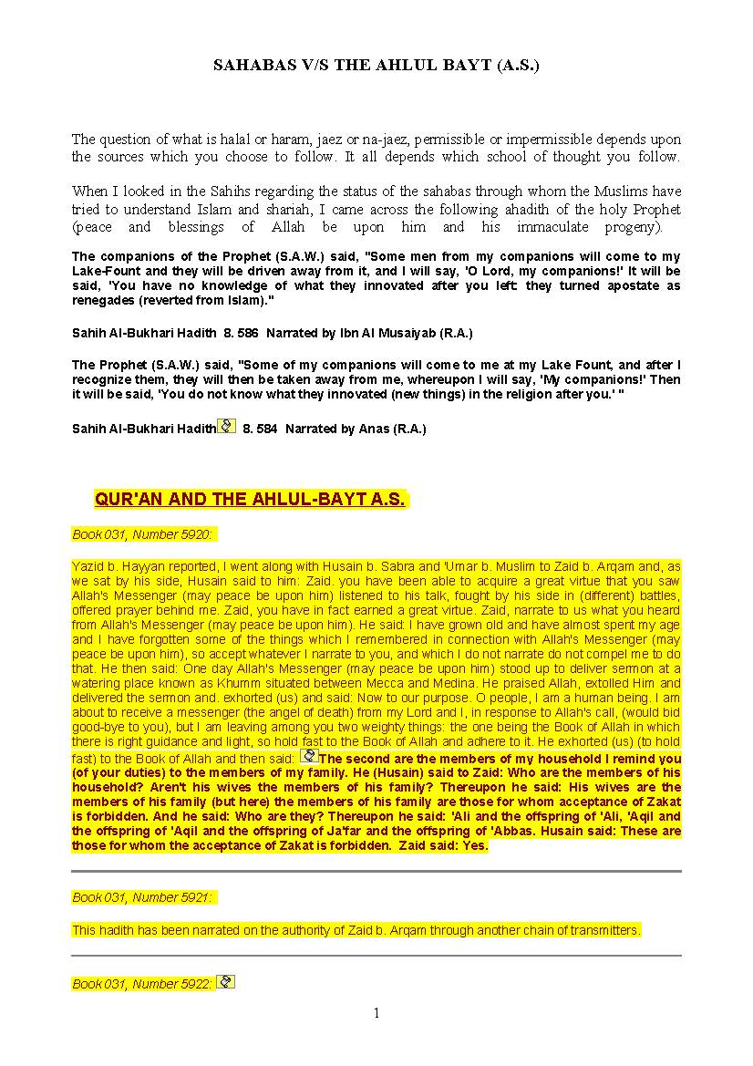 Sahabs vs The Ahlul Bayt as
