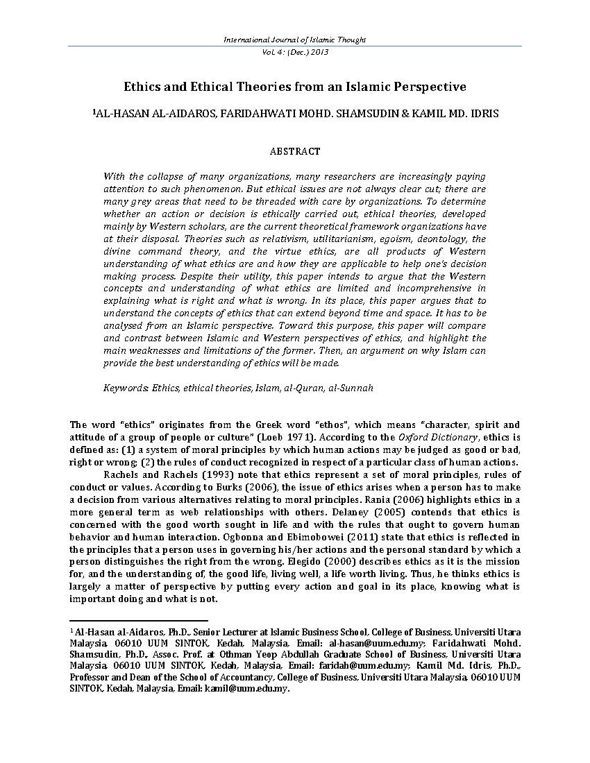 Ethics and Ethical Theories from an Islamic Perspective