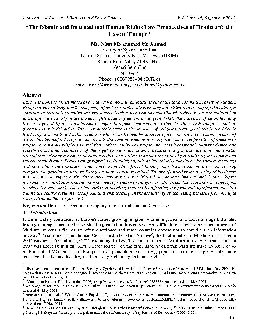 The Islamic and International Human Rights Law Perspectives of Headscarf