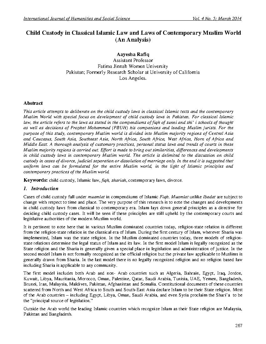 Child Custody in Classical Islamic Law and Laws of Contemporary Muslim World