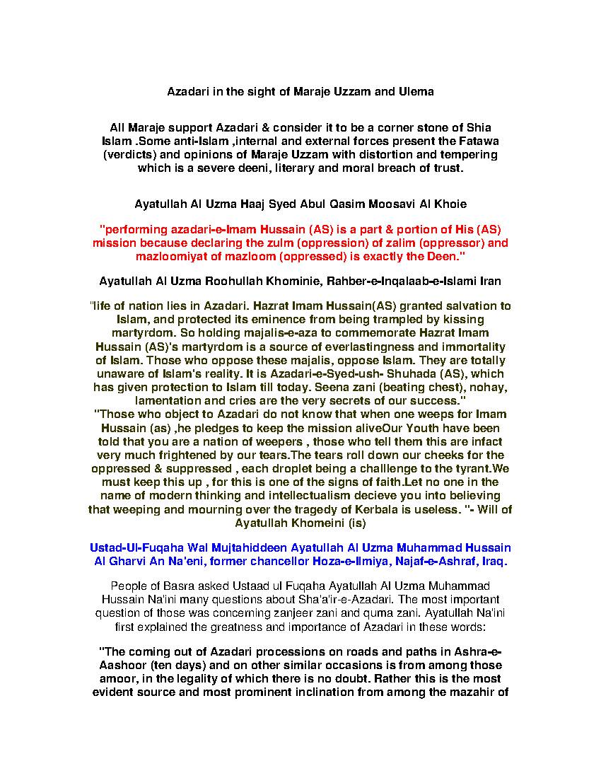 Azadari in the sight of Maraje Uzzam and Ulema