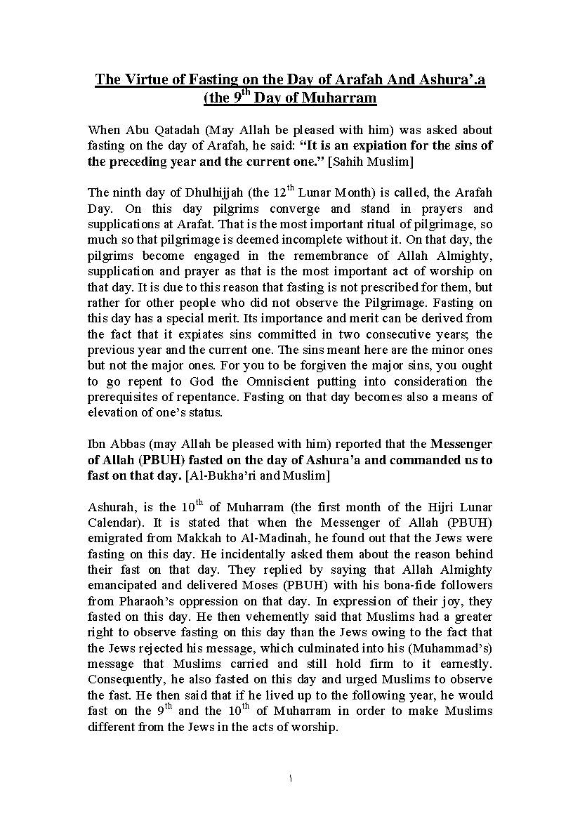 The Virtue of Fasting on the Day of Arafah And Ashura