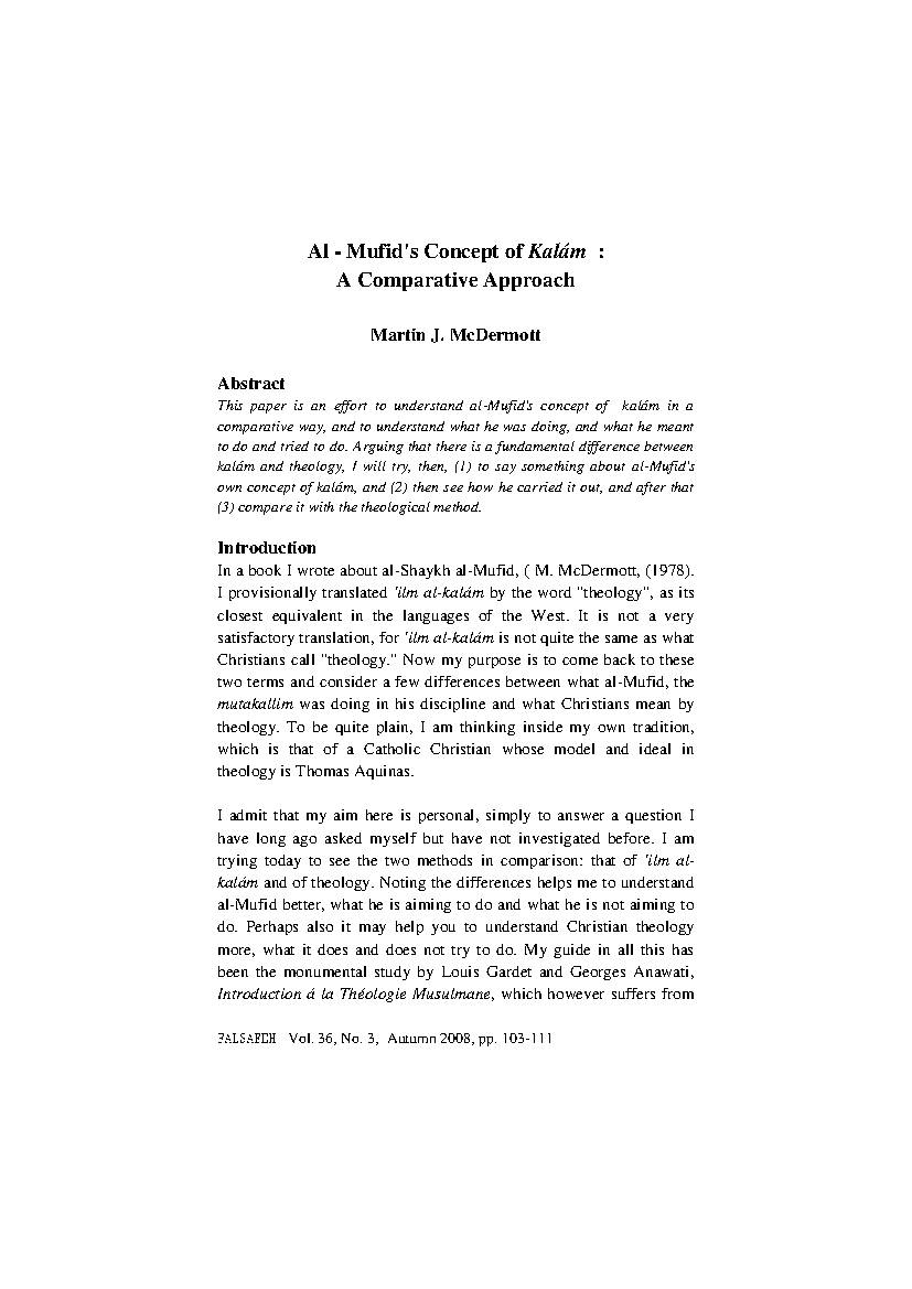 Al - Mufids Concept of Kalam