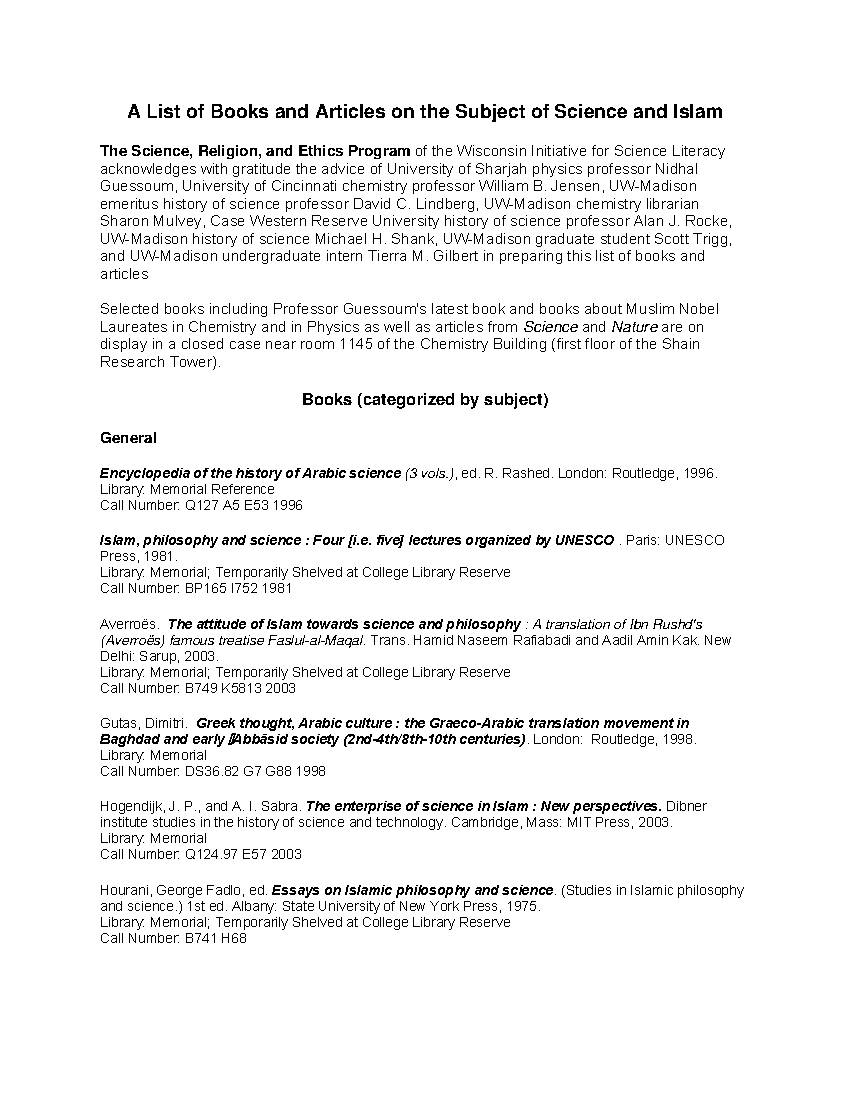 A List of Books and Articles on the Subject of Science and Islam