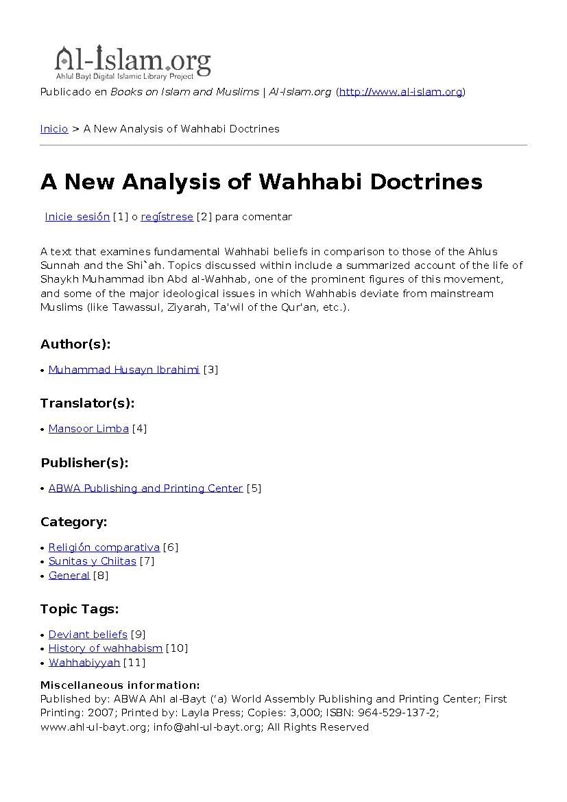 A New Analysis of Wahhabi Doctrines