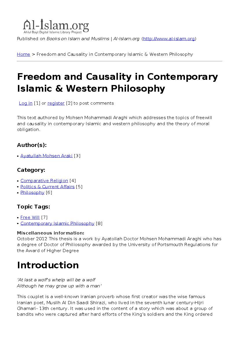 Freedom And Causality In Contemporary Islamic & Western Philosophy