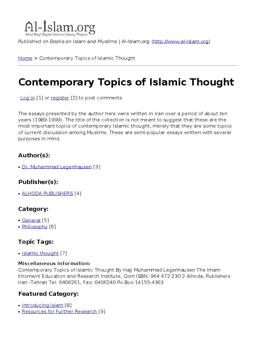 Contemporary Topics of Islamic Thought