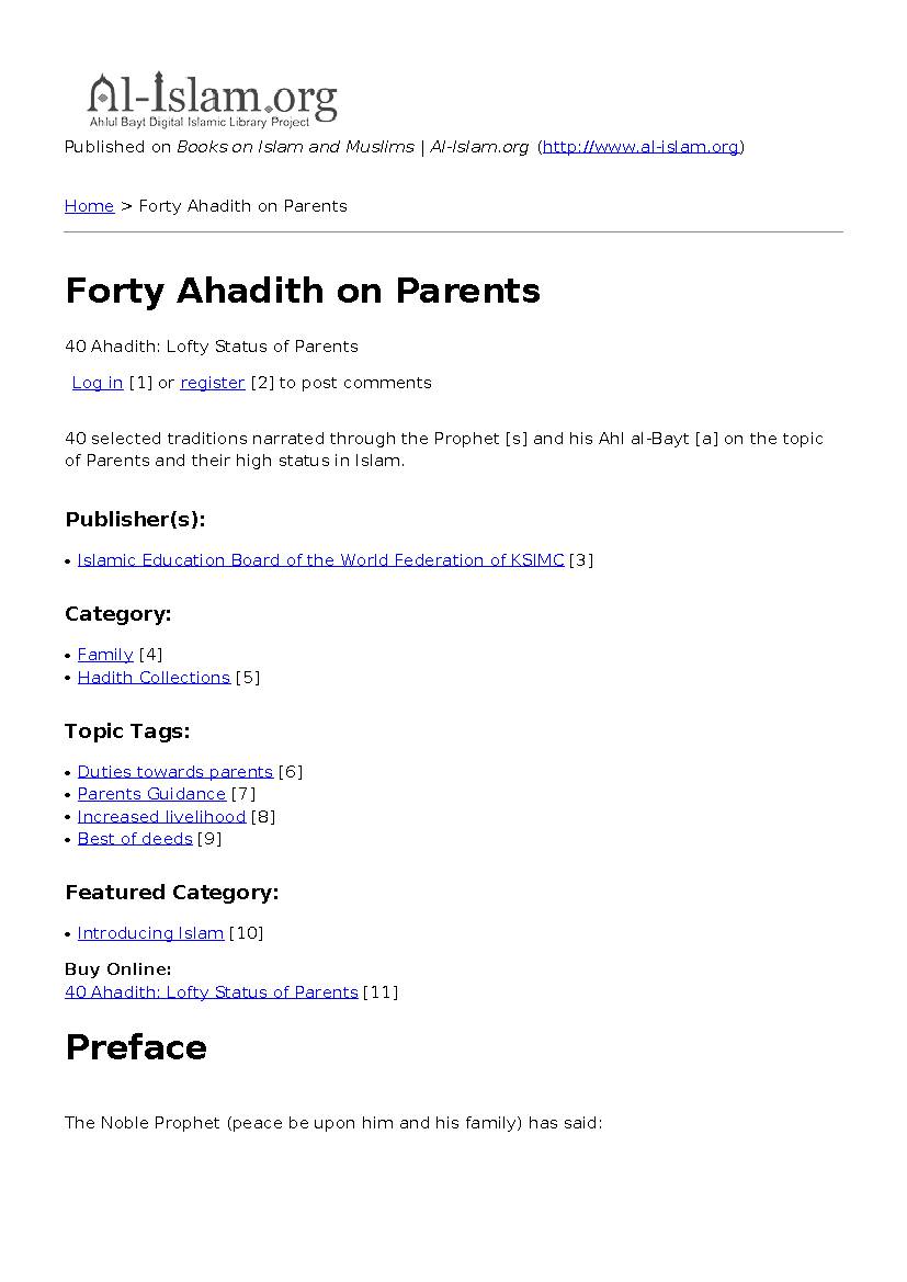Forty Ahadith On Parents