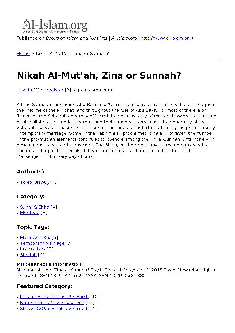 Nikah Al Mutah, Zina Or Sunnah?