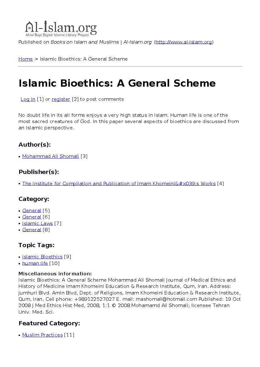 Islamic Bioethics: A General Scheme