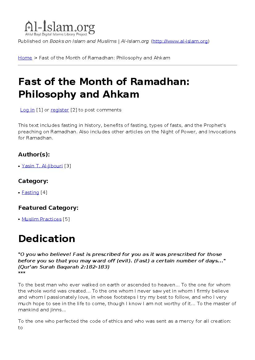 Fast of The Month of Ramadhan