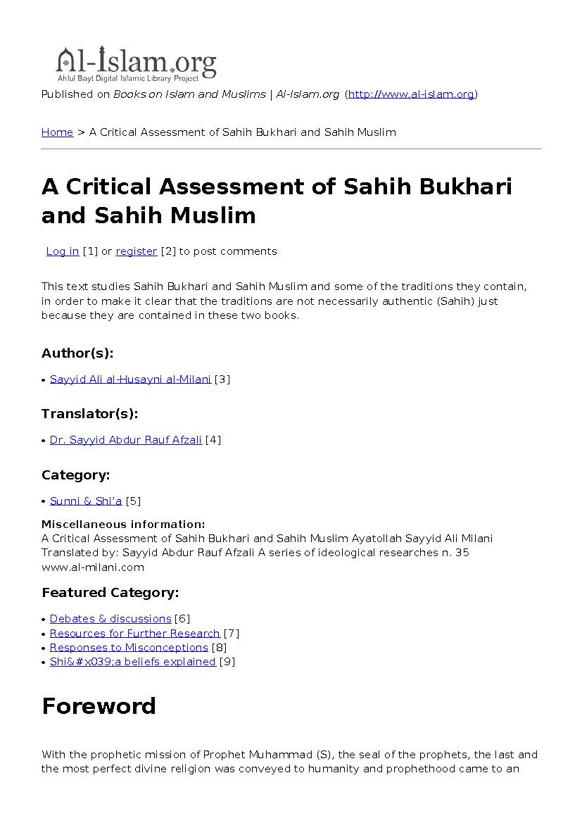 A Critical Assessment of Sahih Bukhari And Sahih Muslim
