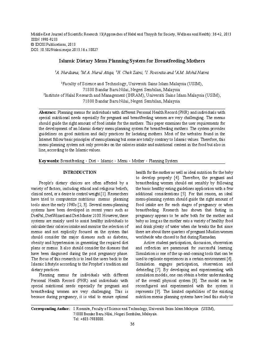 Islamic Dietary Menu Planning System for Breastfeeding Mothers