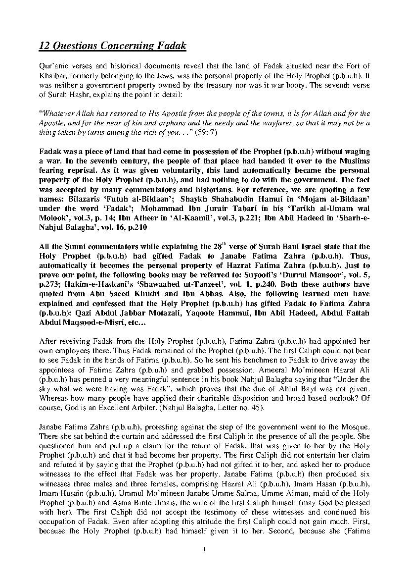 12 Questions Concerning Fadak