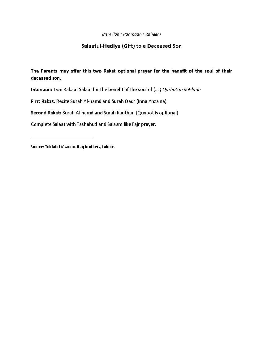 Salaatul Hadiya to a Deceased Son