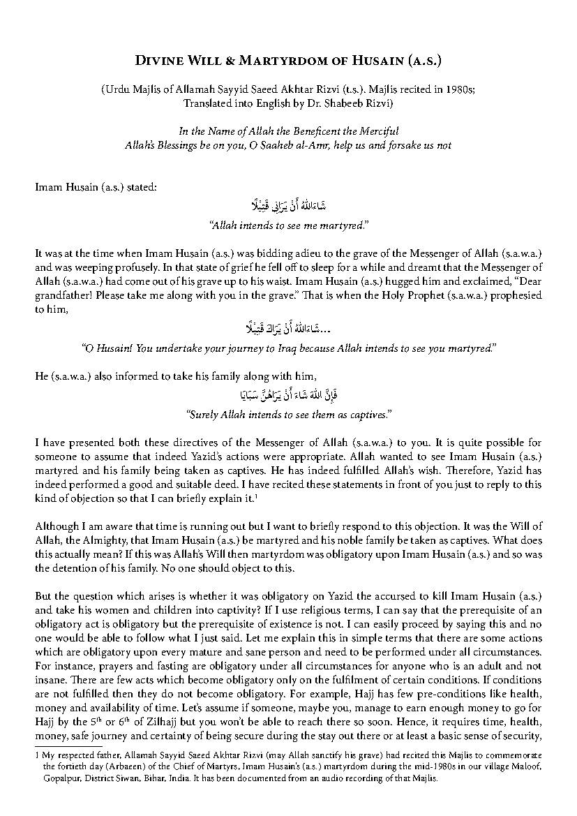 Divine Will & Martyrdom Of Husain (as)
