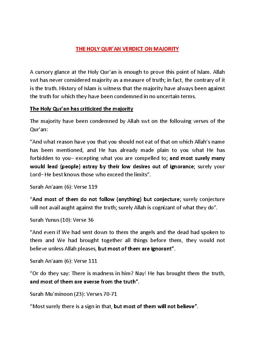 The Holy Quran Verdict On Majority