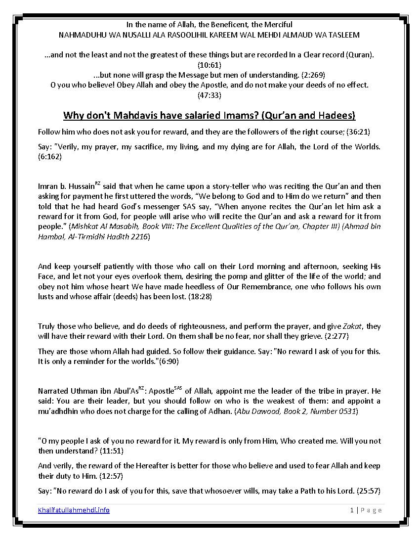 Why dont Mahdavis have salaried Imams?