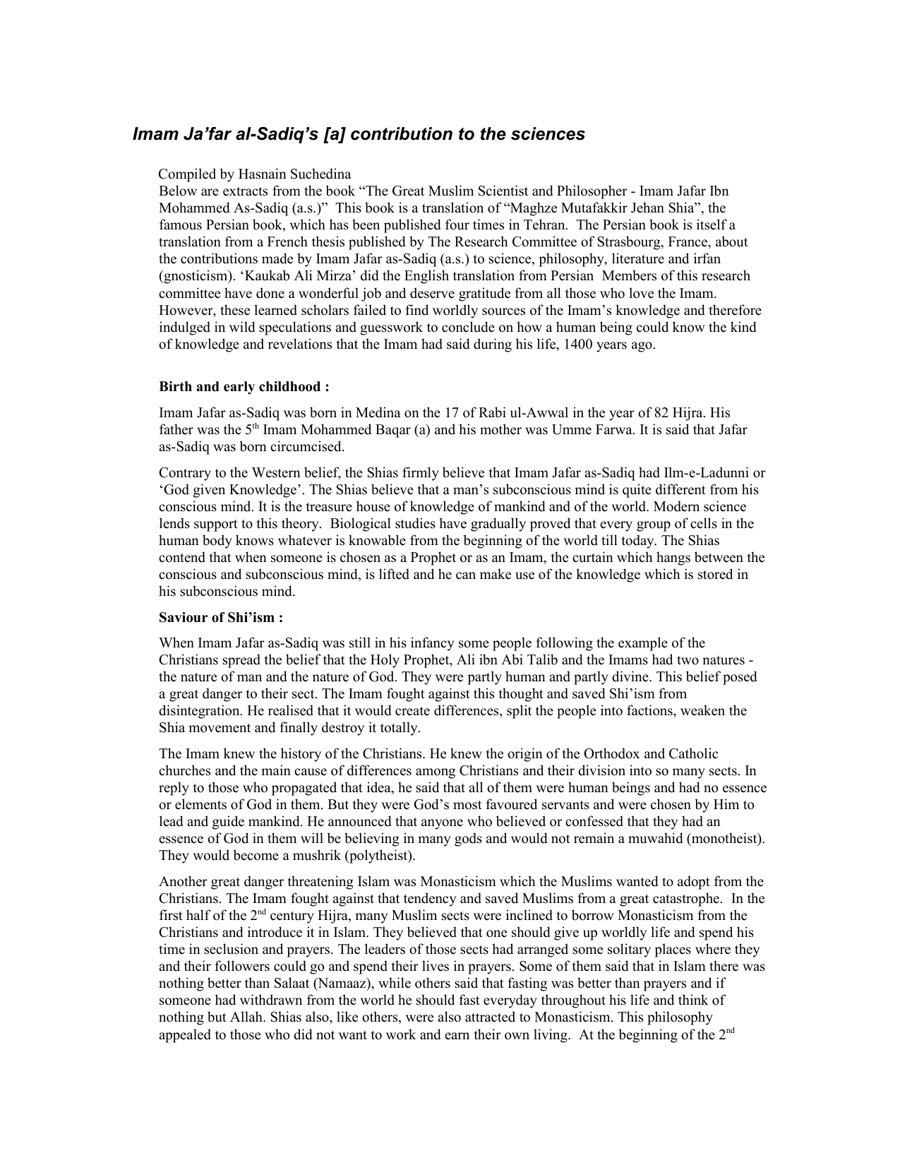 Imam Jafar al-Sadiq's Contribution to Science
