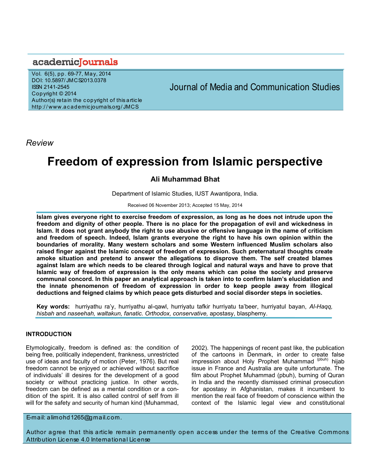 Freedom of Expression from Islamic Perspective