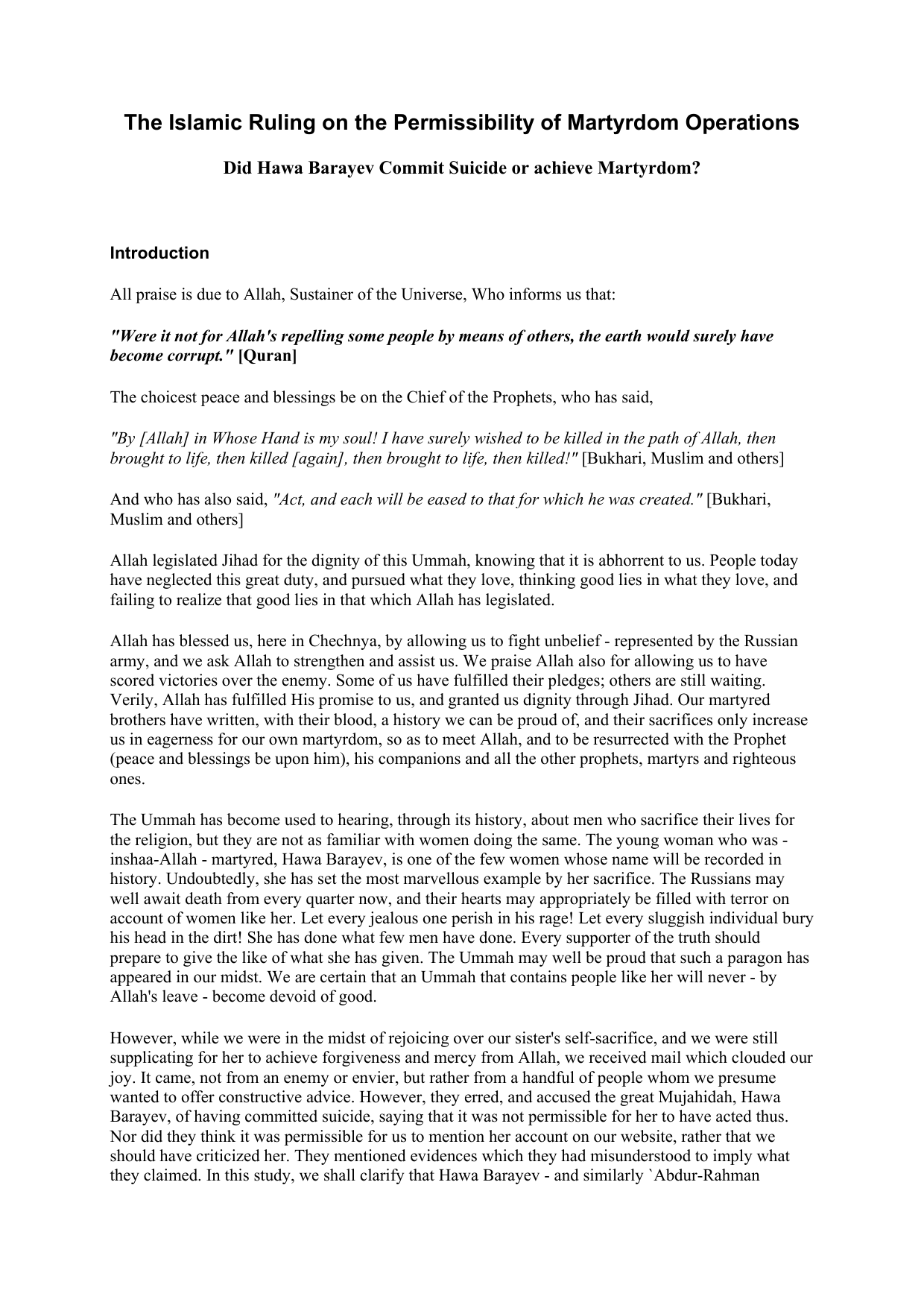 The Islamic Ruling on the Permissibility of Martyrdom Operations