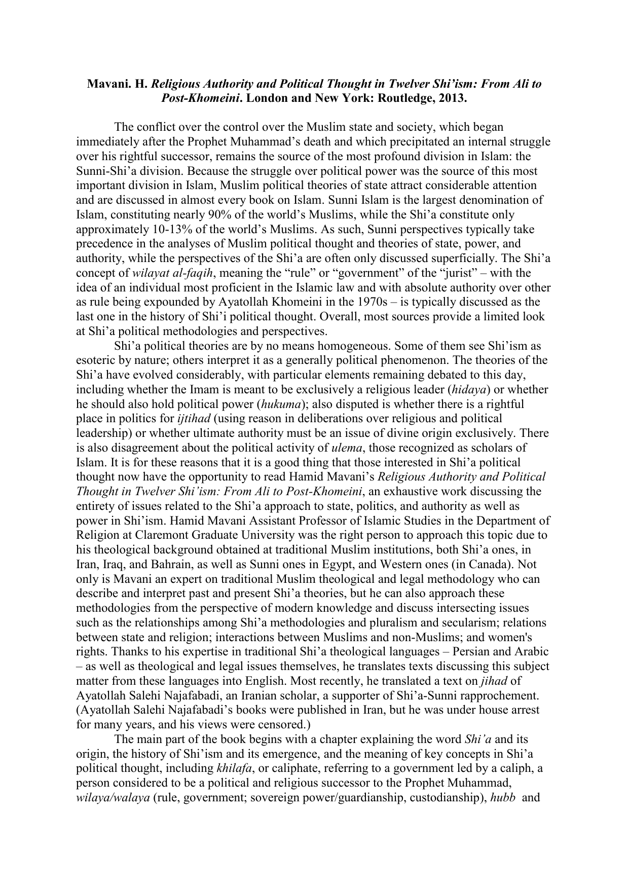 Religious Authority and Political Thought in Twelver Shi’ism