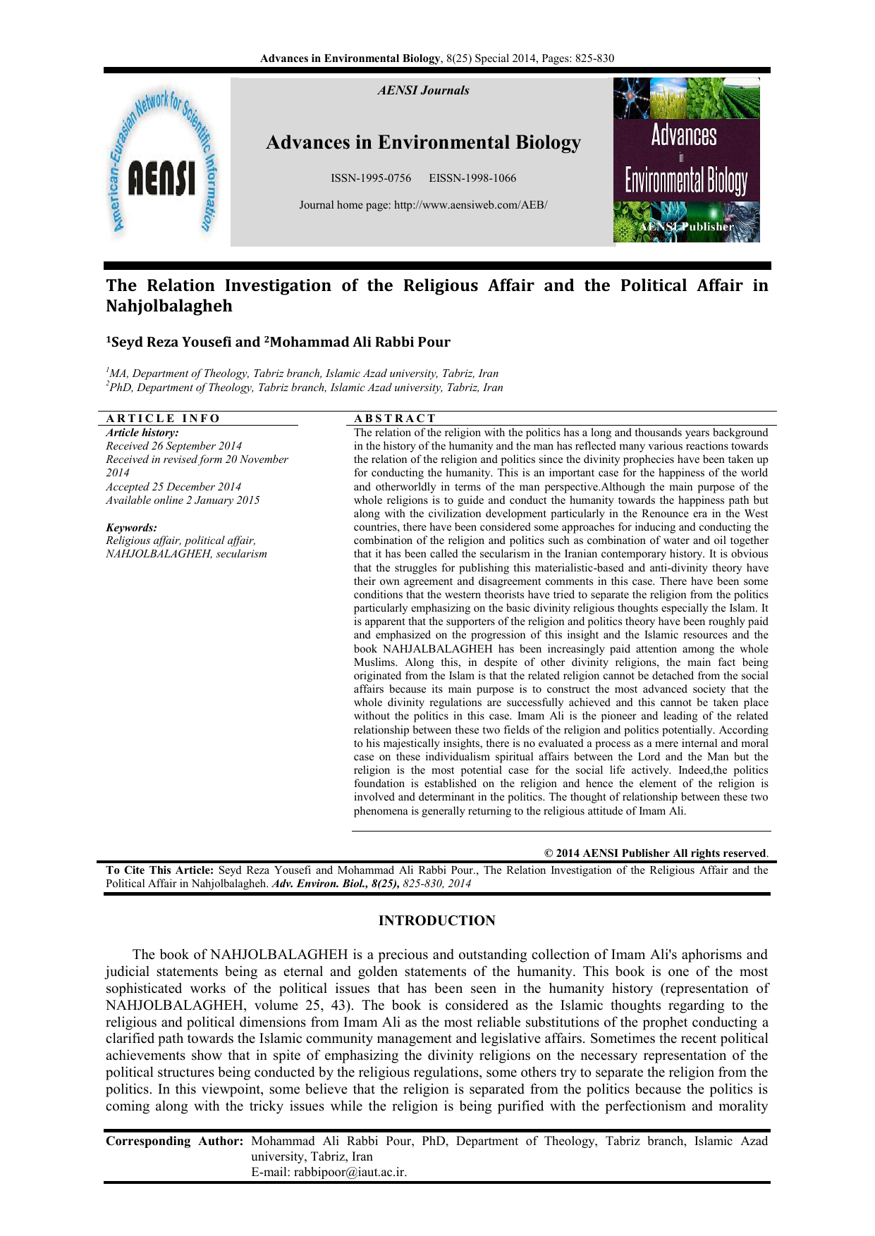 The Relation Investigation of the Religious Affair and the Political Affair in Nahjolbalagheh