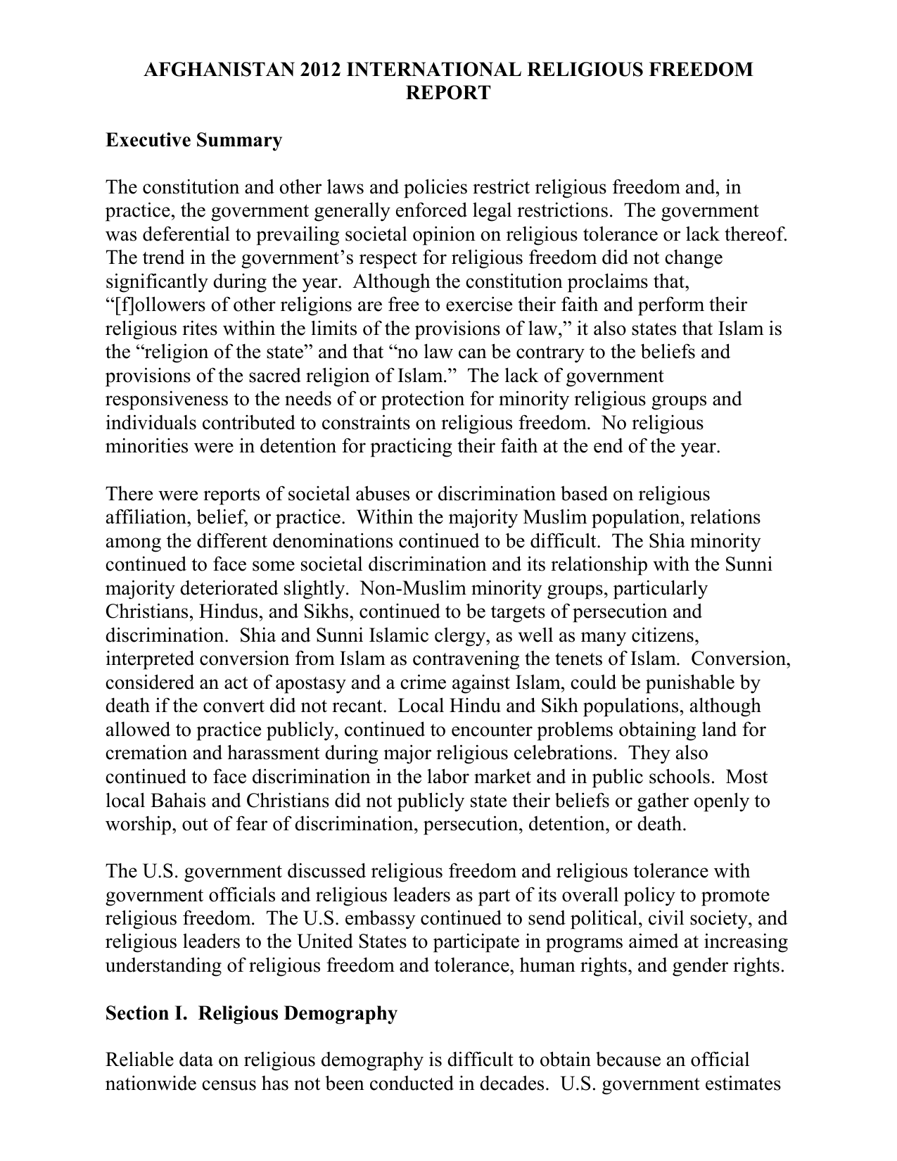 Afghanistan 2012 International Religious Freedom