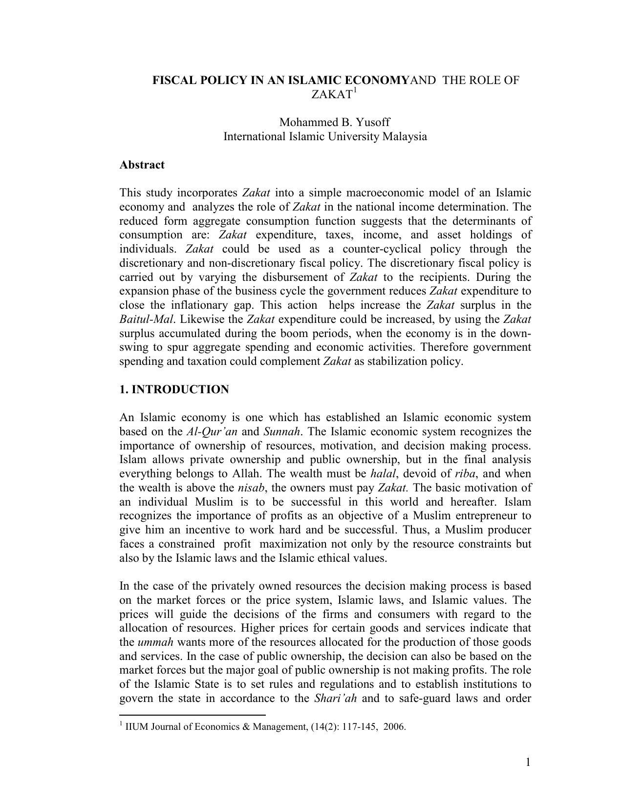 Fiscal Policy in An Islamic Economy and The Role of Zakat