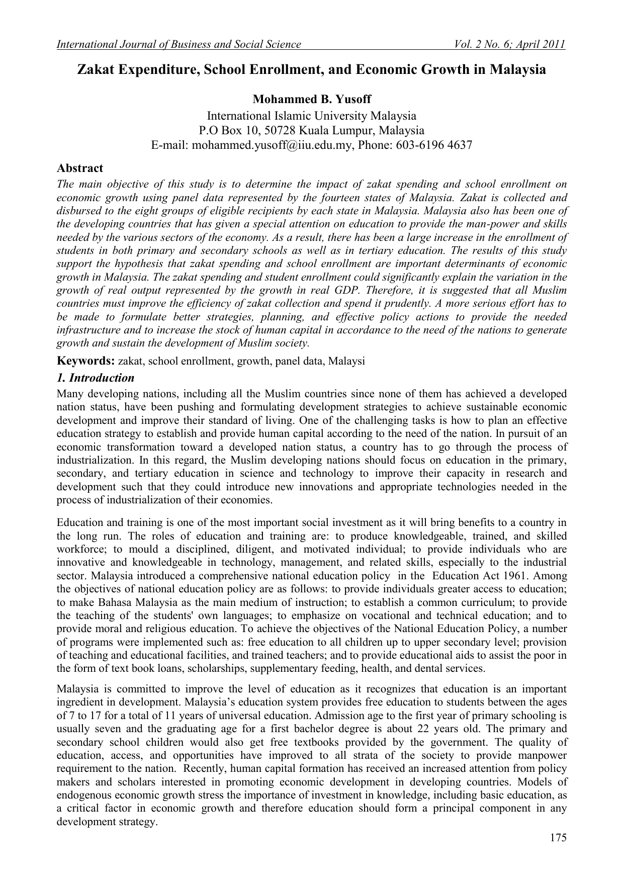 Zakat Expenditure, School Enrollment, and Economic Growth in Malaysia