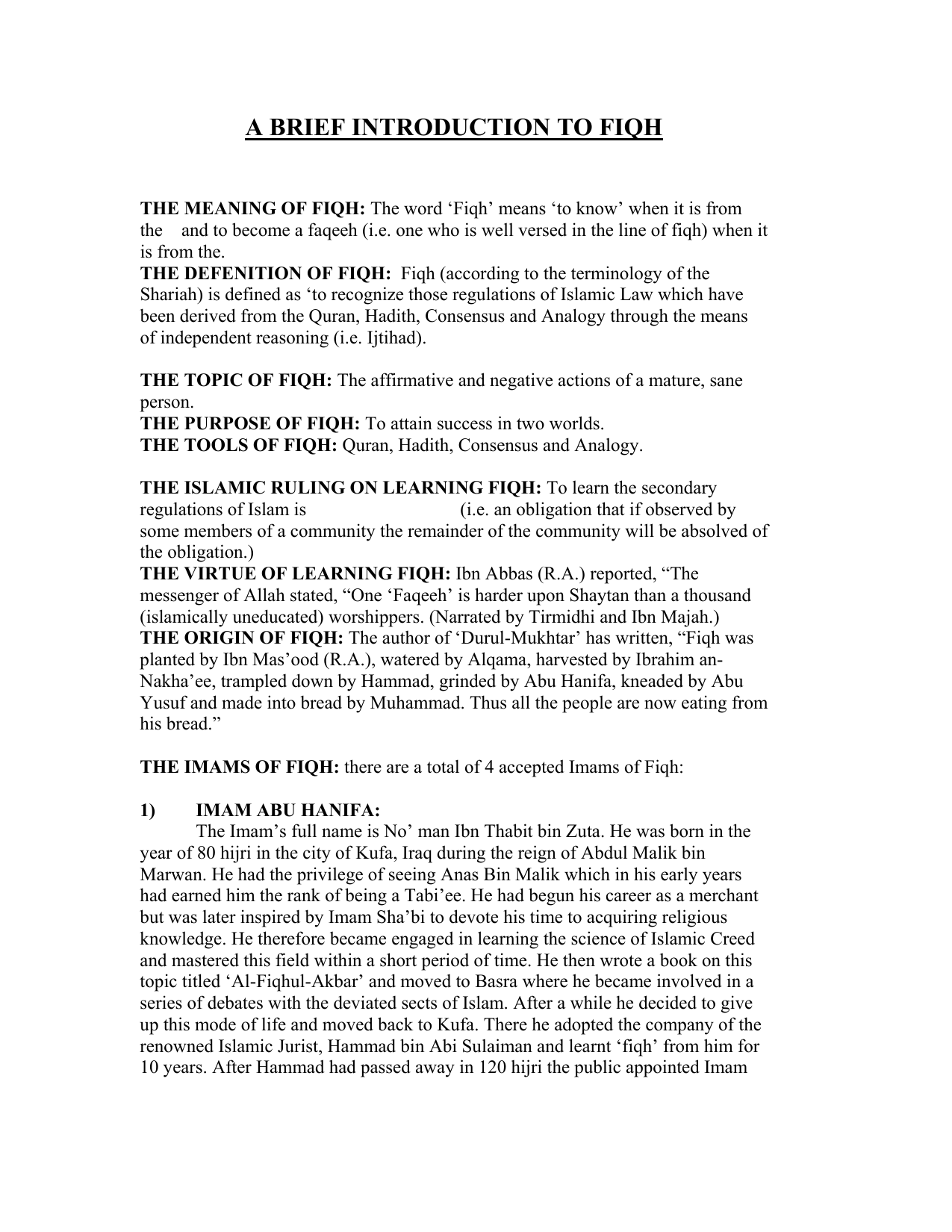 A Brief Introduction To Fiqh