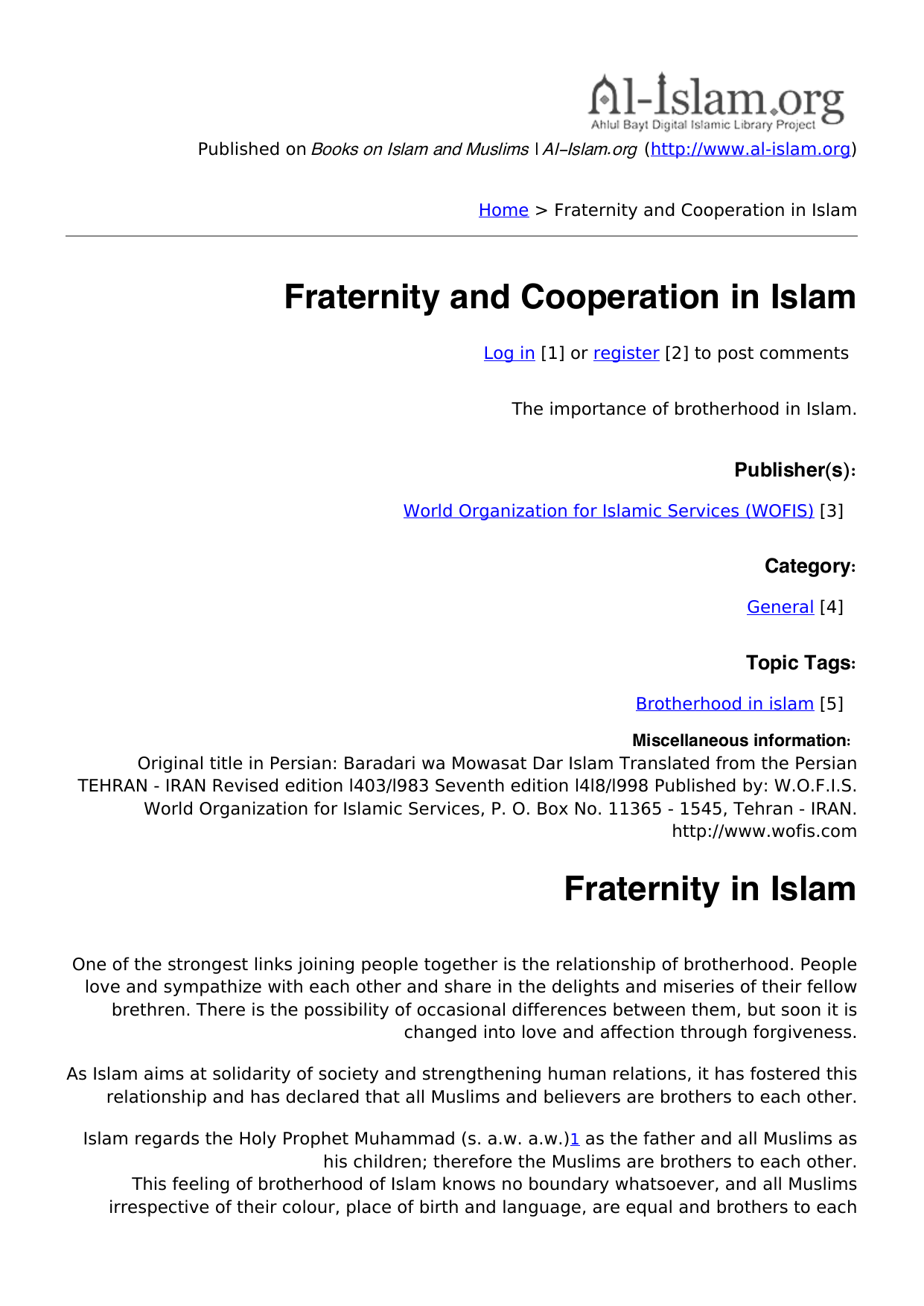 Fraternity and Cooperation in Islam