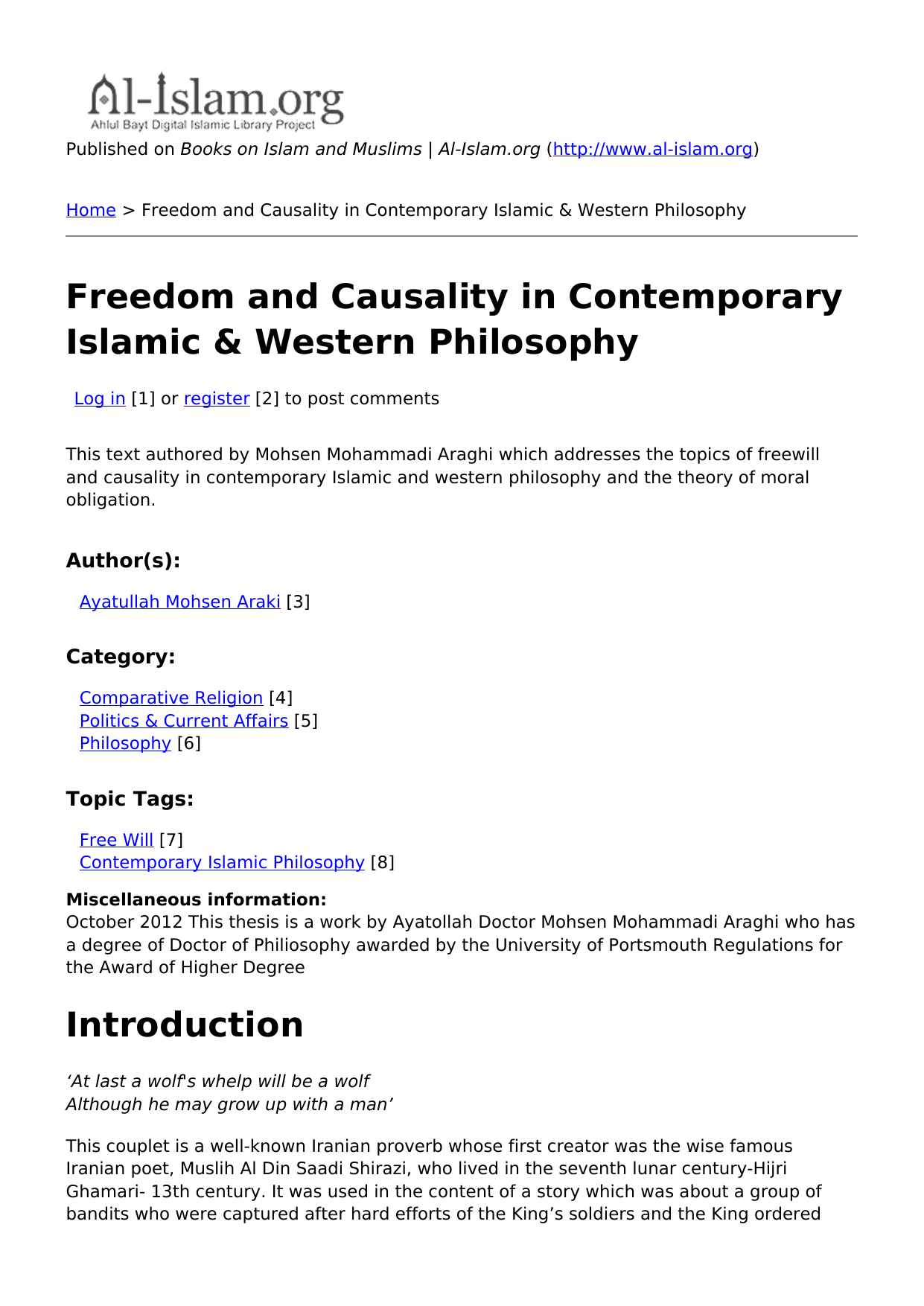 Freedom And Causality In Contemporary Islamic & Western Philosophy