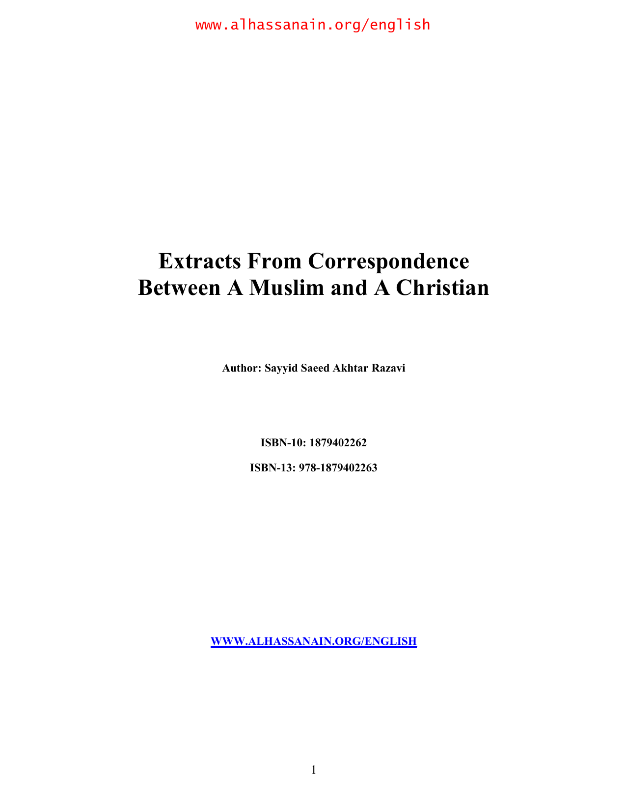 Extracts From Correspondence Between A Muslim and A Christian