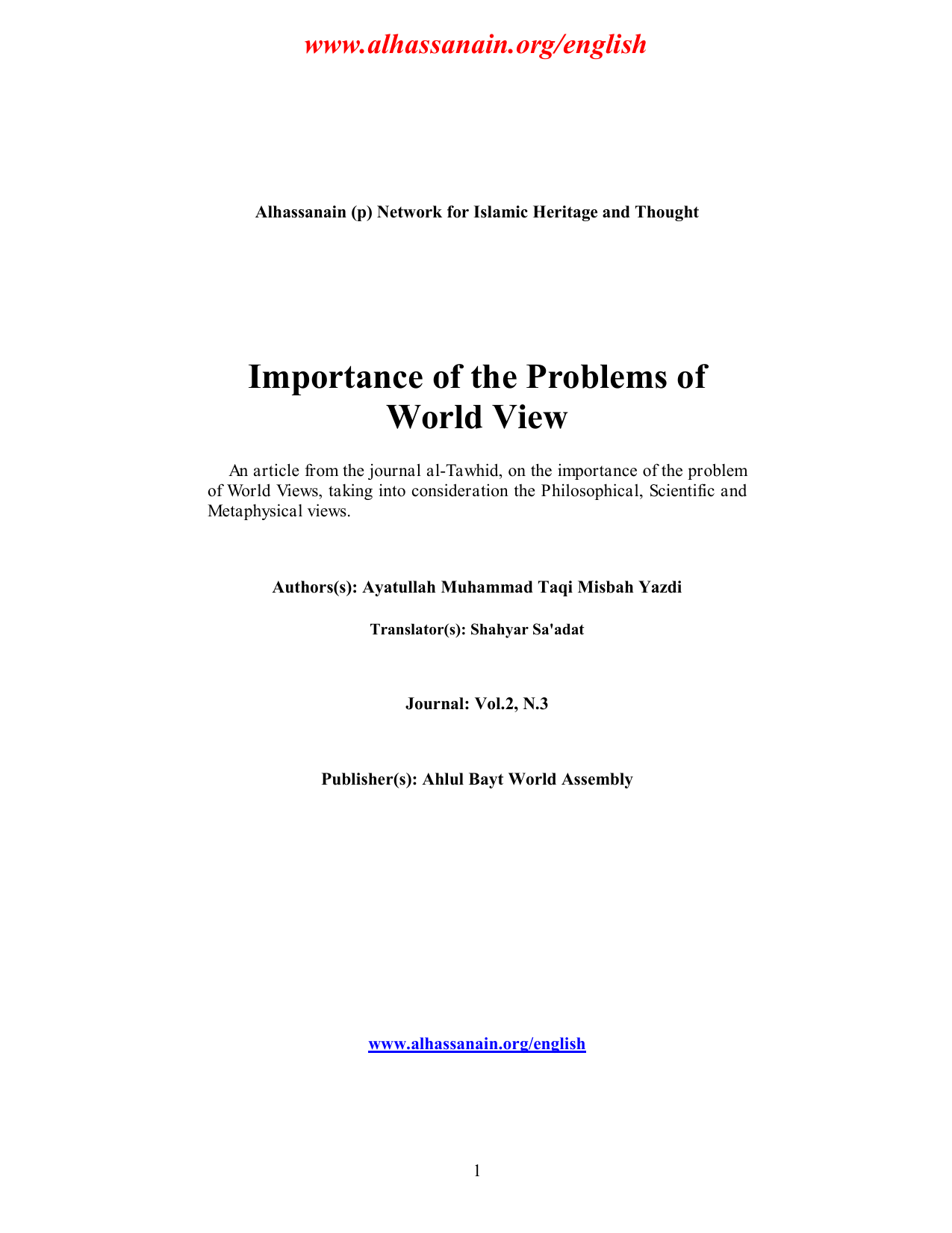 Importance of The Problems of World View