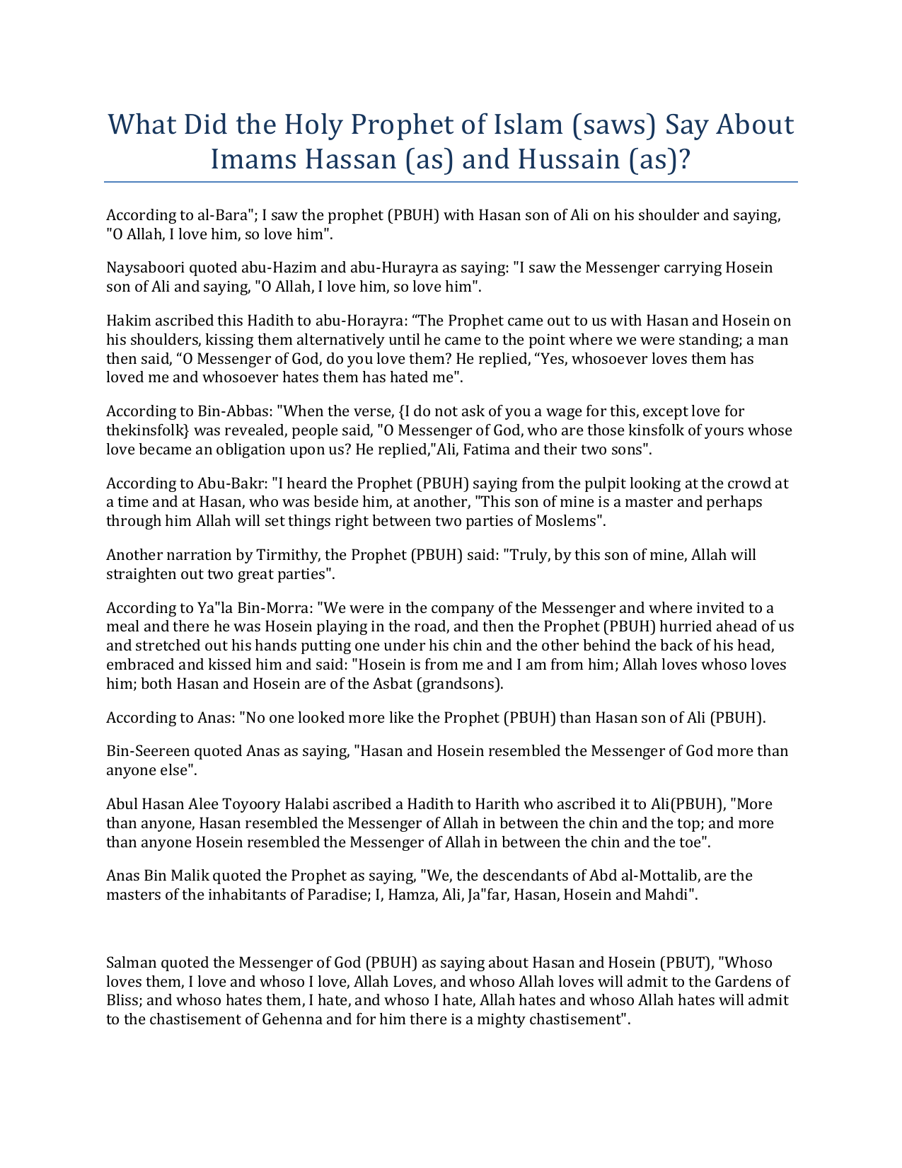 What Did The Holy Prophet Of Islam (saws) Say About Imams Hassan (as) And Hussain (as)