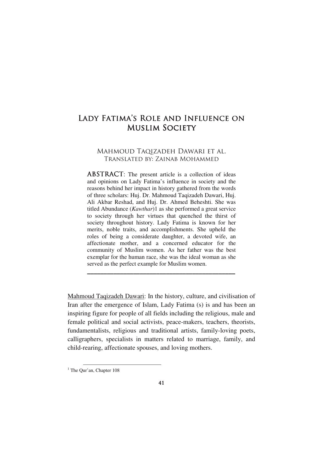 Lady Fatima (sa) Role And Influence On Muslim Society