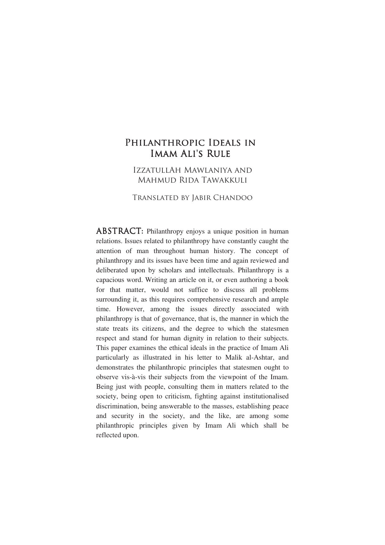 Philanthropic Ideals In Imam Ali's Rule