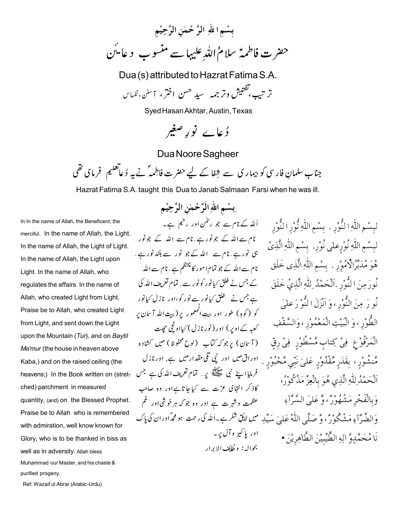 Dua's Attributed To Hazrat Fatima  (as)