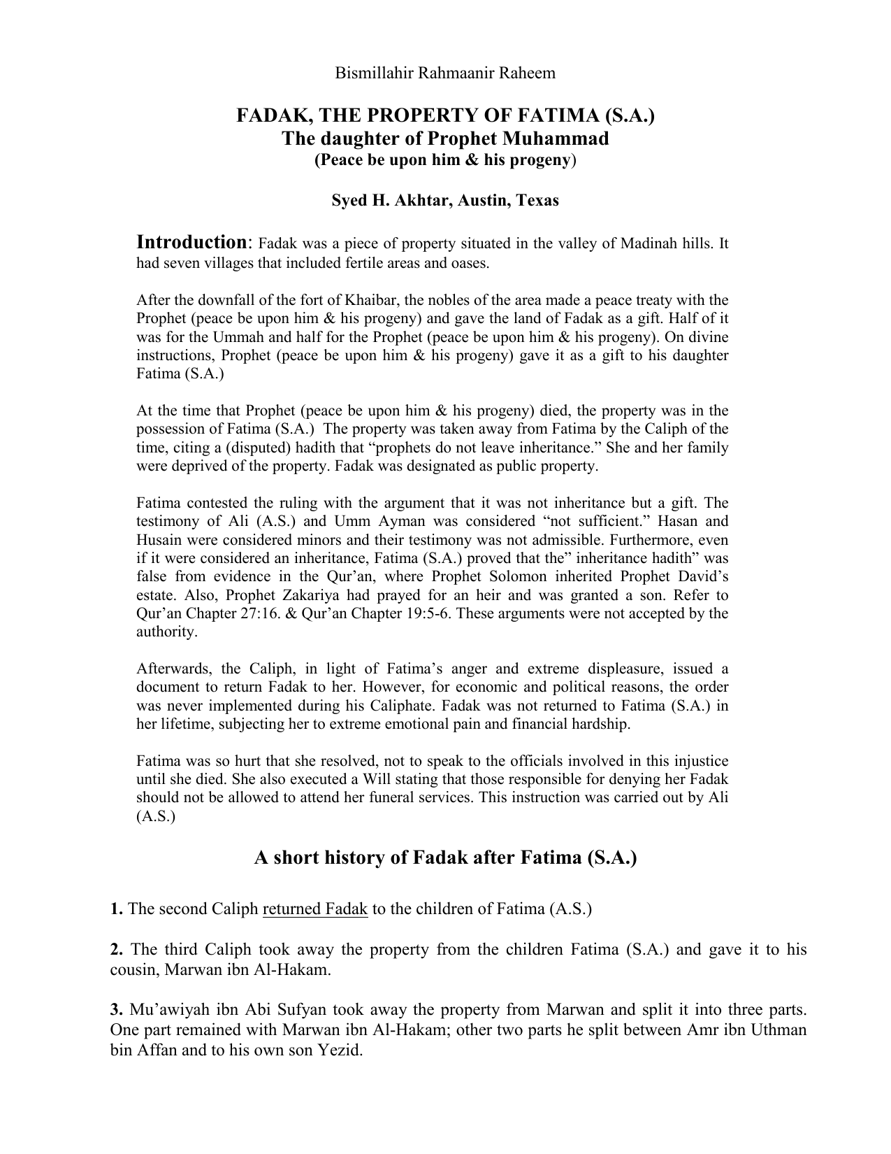 Fadak, The Property Of Fatima (sa)