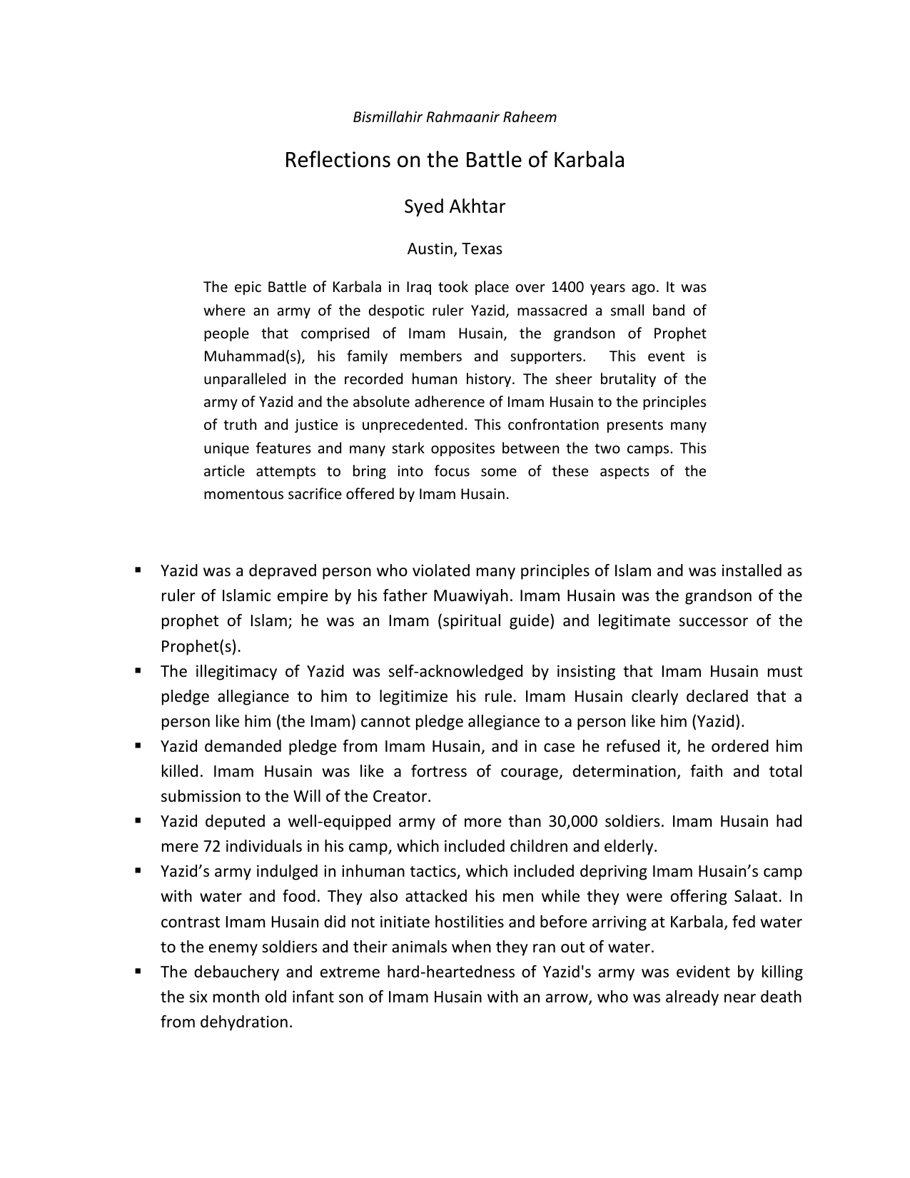 Reflections On The Battle Of Karbala