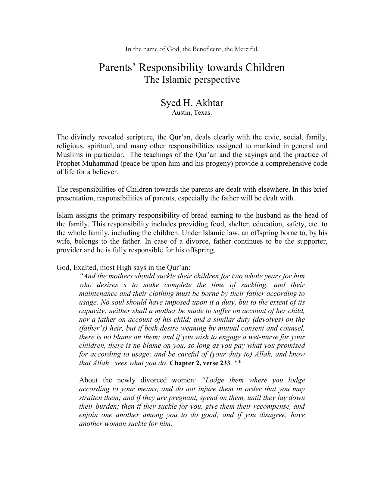 Parents’ Responsibility Towards Children The Islamic Perspective