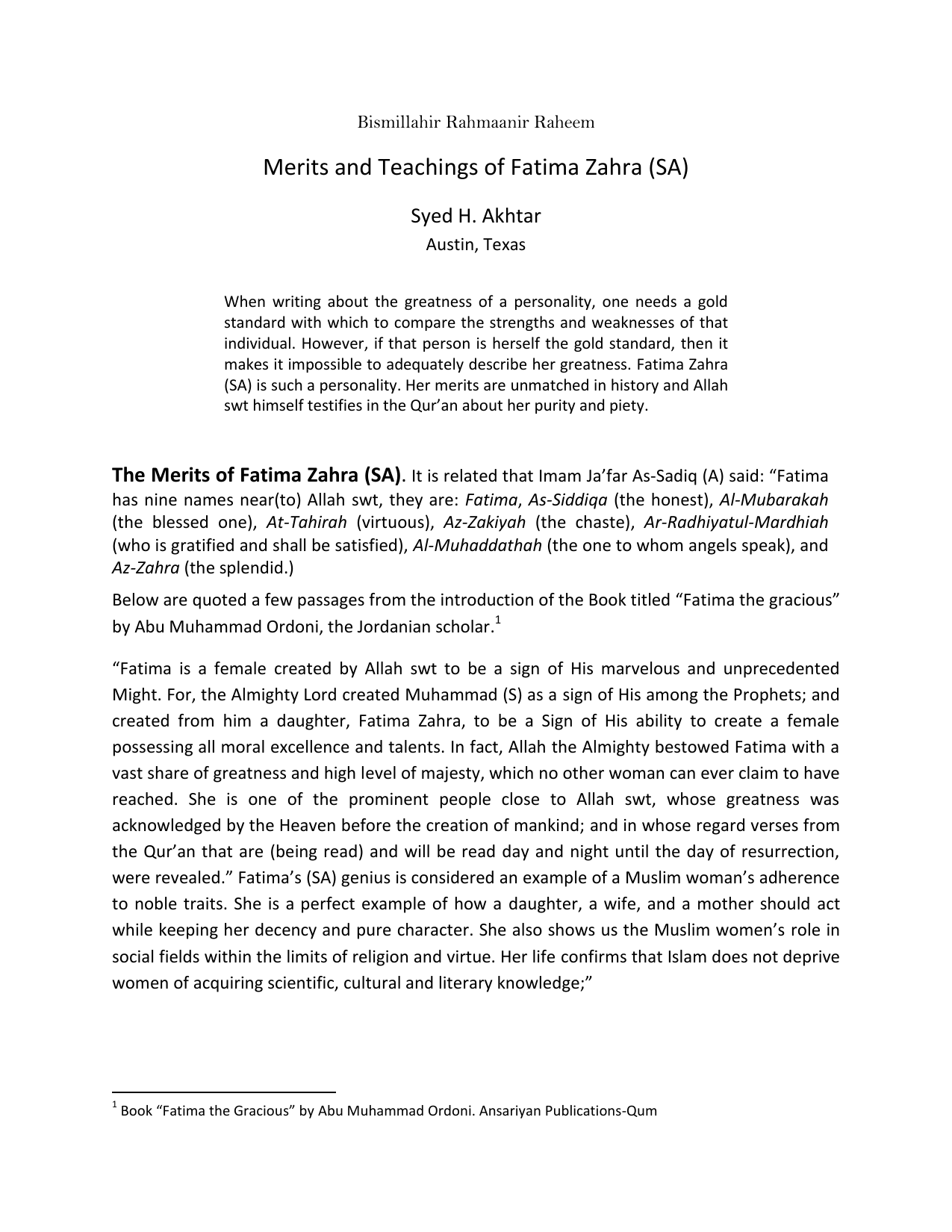 Merits And Teachings Of Fatima Zahra (sa)