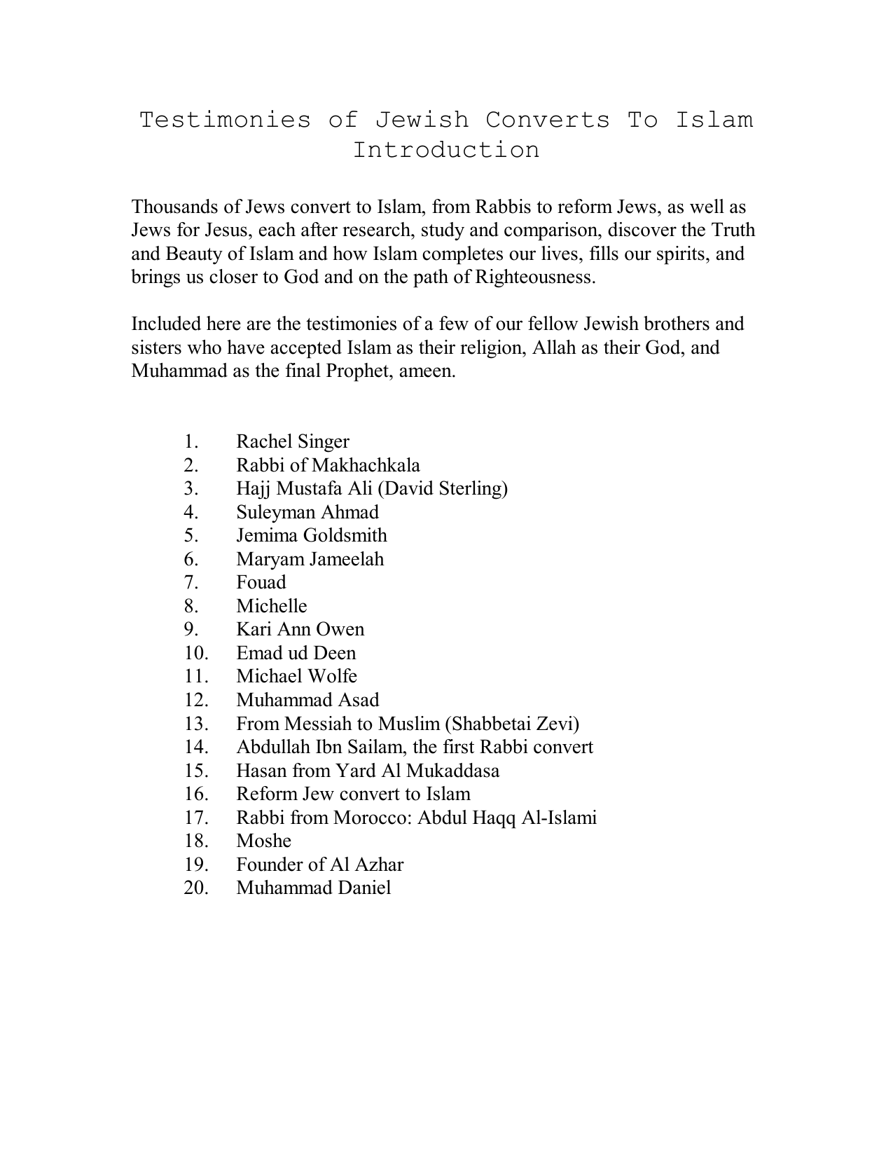 Testimonies Of Jewish Converts To Islam Introduction